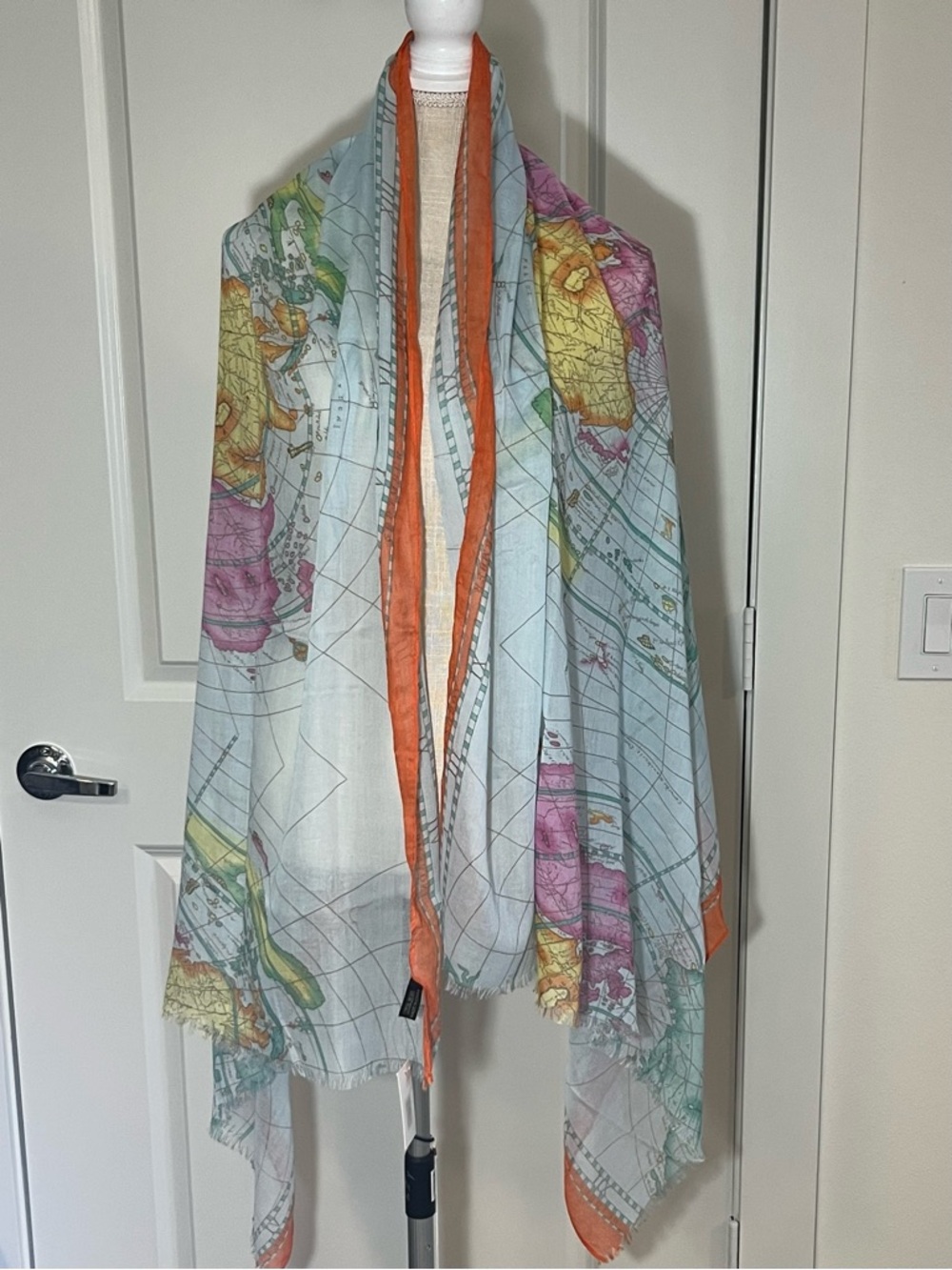 World Map Print Lightweight Scarf/Wrap Silk Blend Orange Trim